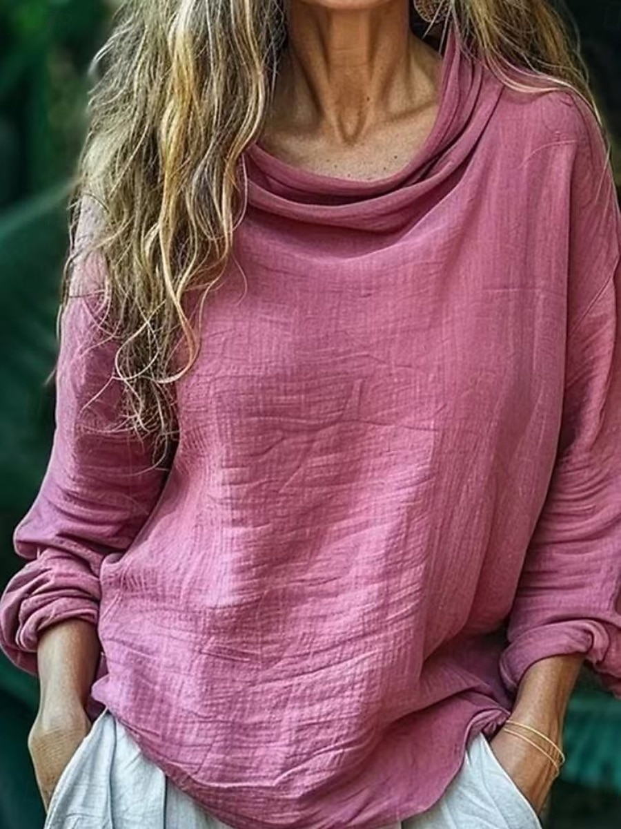 Dame Bluse Helfarge Daglig Fritid Langermet Cowl-hals Vanlige topper Daglig Drapering Svart Rosa Blå Fuksia Grå Sommer Vår 2025 - $21.99 –P1