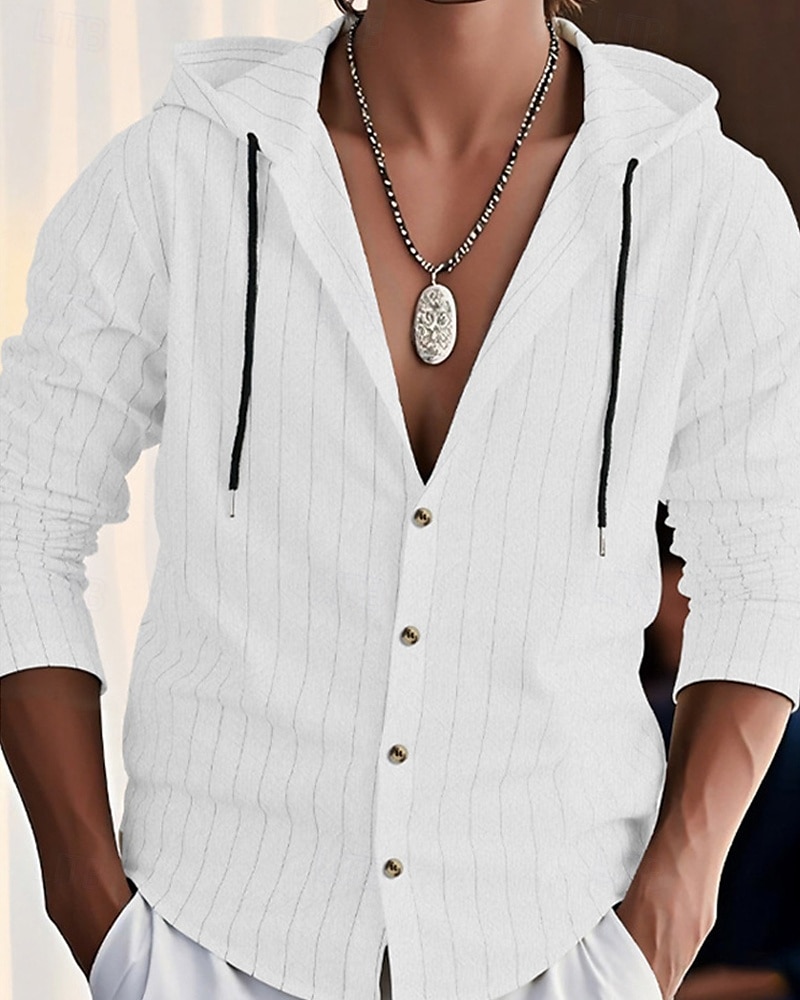 Per uomo Camicia Camicia di lino Camicia casual Camicia con Bottoni Camicia di cotone A righe Vacanza Camicia hawaiana Nero Bianco Blu marino Cachi Manica Lunga Con Cappuccio Primavera Autunno del 2025 a $23.99 –P1