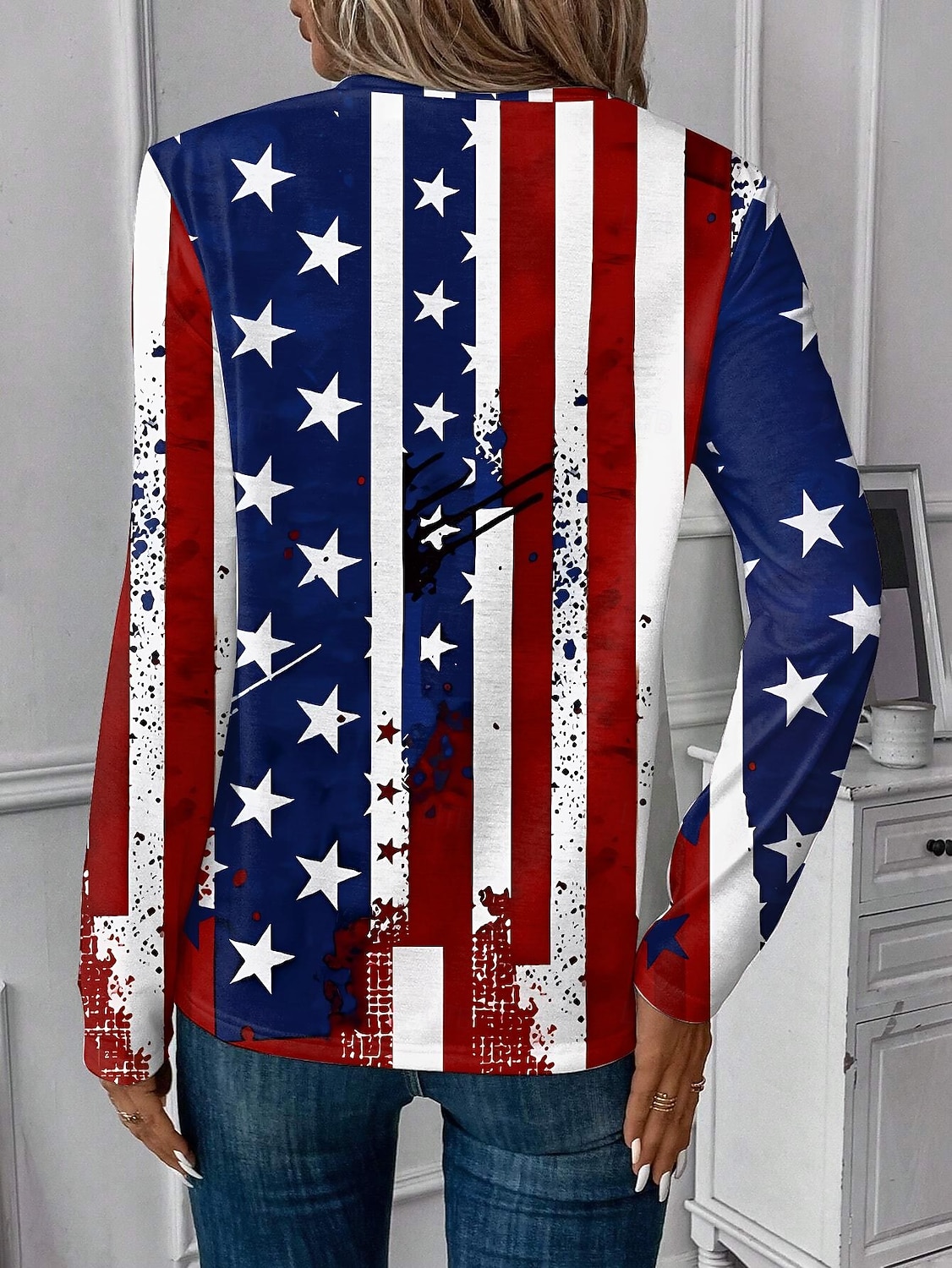 Koszulka patriotyczna dla kobiet z okazji Dnia Niepodległości z nadrukiem graficznym flaga vintage stylowa casualowa standardowe topy codzienna weekendowa czerwona niebieska przybrudzony niebieski 2026 - $24.99 –P2