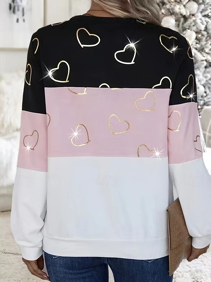Pull à zip quart pour femme à rayures géométriques en forme de cœur décontracté manches longues col rond hauts réguliers mode de rue vêtements quotidiens imprimé décontracté rose automne hiver de 2025 ? $27.99 –P4