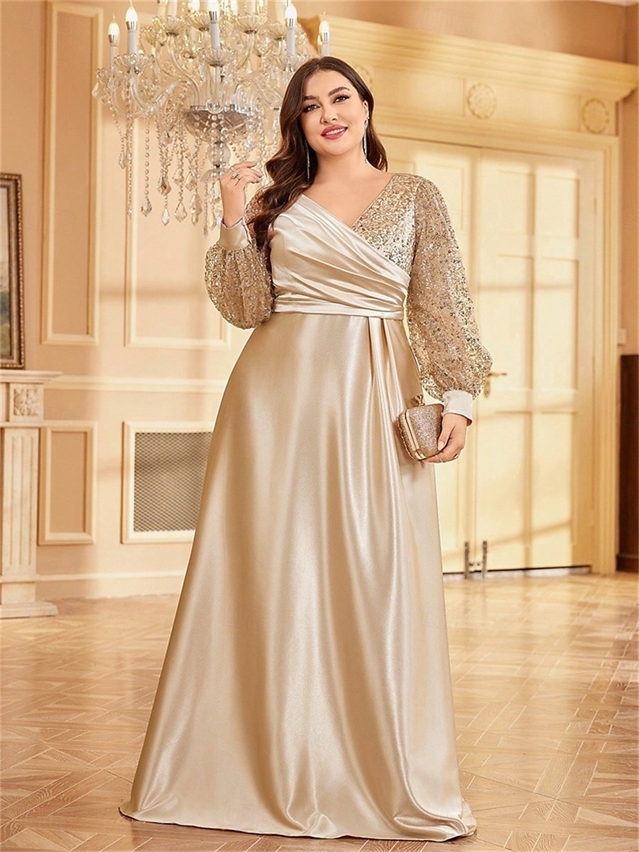 Robe A-Line Grande Taille Élégante Robe Courbe De Mariage Formelle Longue Au Sol Manches Longues Col en V En Polyester Avec Plis 2025 de 2025 ? $119.99 –P13