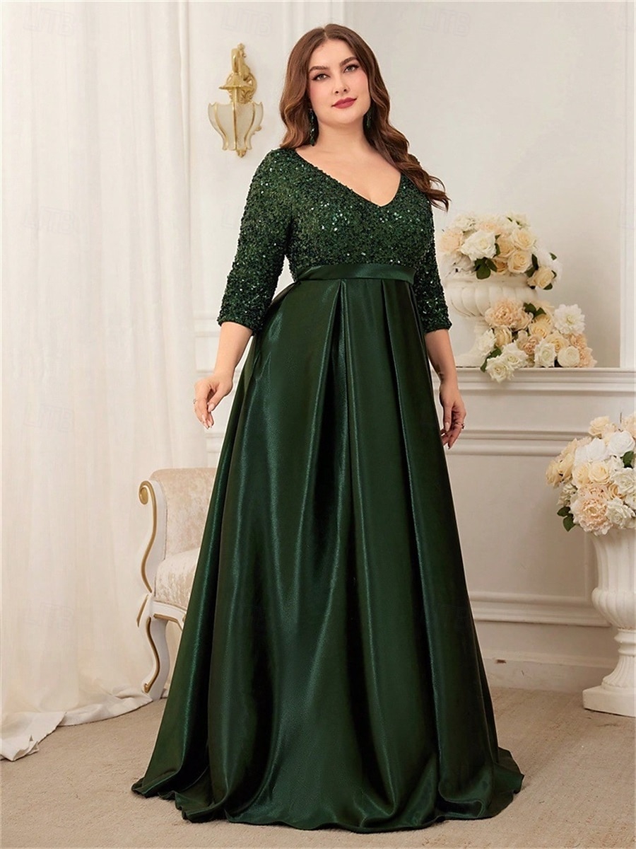A-Linie Plus-Size Kleider Elegantes Kurvenkleid Formelle Hochzeit Bodenlänge 3/4 Länge Ärmel V-Ausschnitt Satin mit Pailletten 2025 - $119.99 –P2
