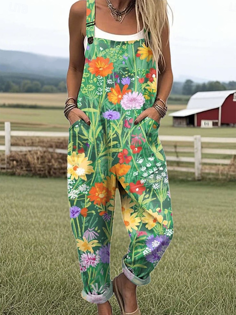 Dam Jumpsuits Aktiv Blommig Ärmlös Snörning Semester Dagligen Lös passning Gul Rubinrött Blå Sommar 2025 - $34.99 –P5