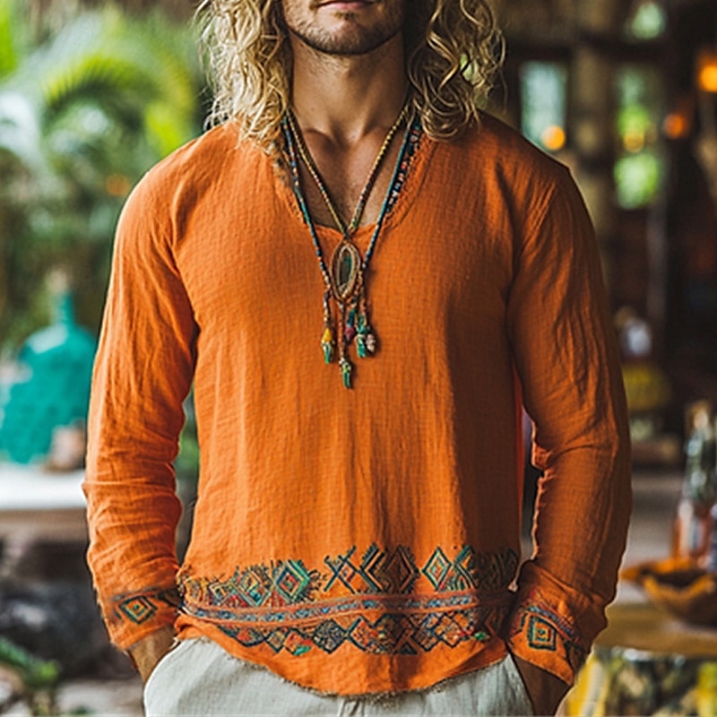 Homens Camisa de linho camisa de verão camisa vintage Camisa étnica Camisa de manga longa Losango Férias Rua Laranja Manga Longa Gola Redonda Verão Primavera Roupa Cavaleiro medieval de 2025 por $25.99 –P1
