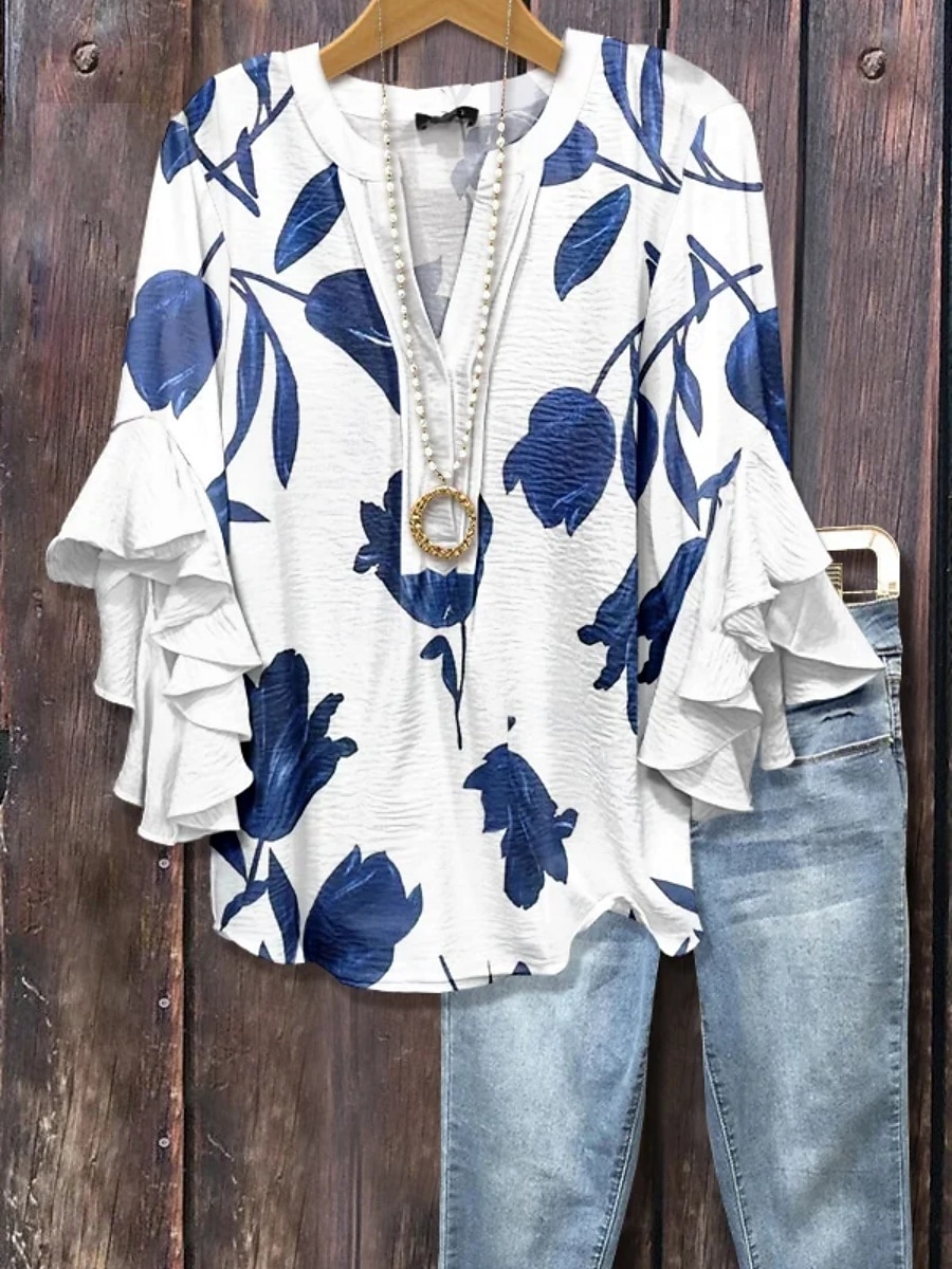 Women's Shirt Ruffle Print Floral Stylish Modern 3/4 Length Sleeve V Neck Regular Tops Daily Holiday Blue Light Green Pink Green Summer 2026 - $25.99 –P4