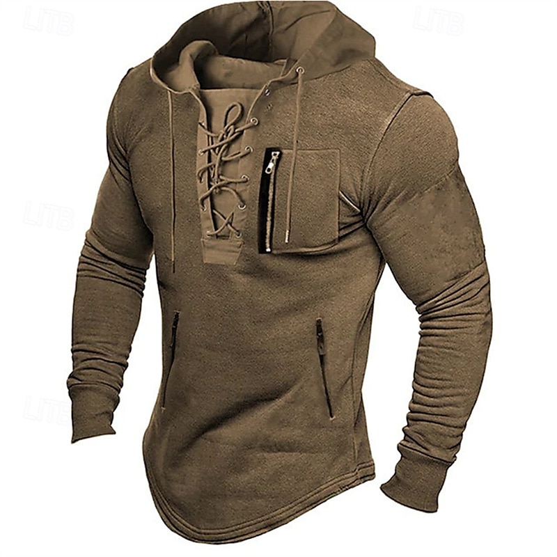 Herren T Shirt T-Shirt Langarmshirt Langarm Mit Kapuze Frühling Herbst Einfach Mode Designer Basic Schnürung Urlaub Straße Ausgehen Schwarz Hellgrau Braun Top T-Shirt für Herren 2025 - $20.99 –P2