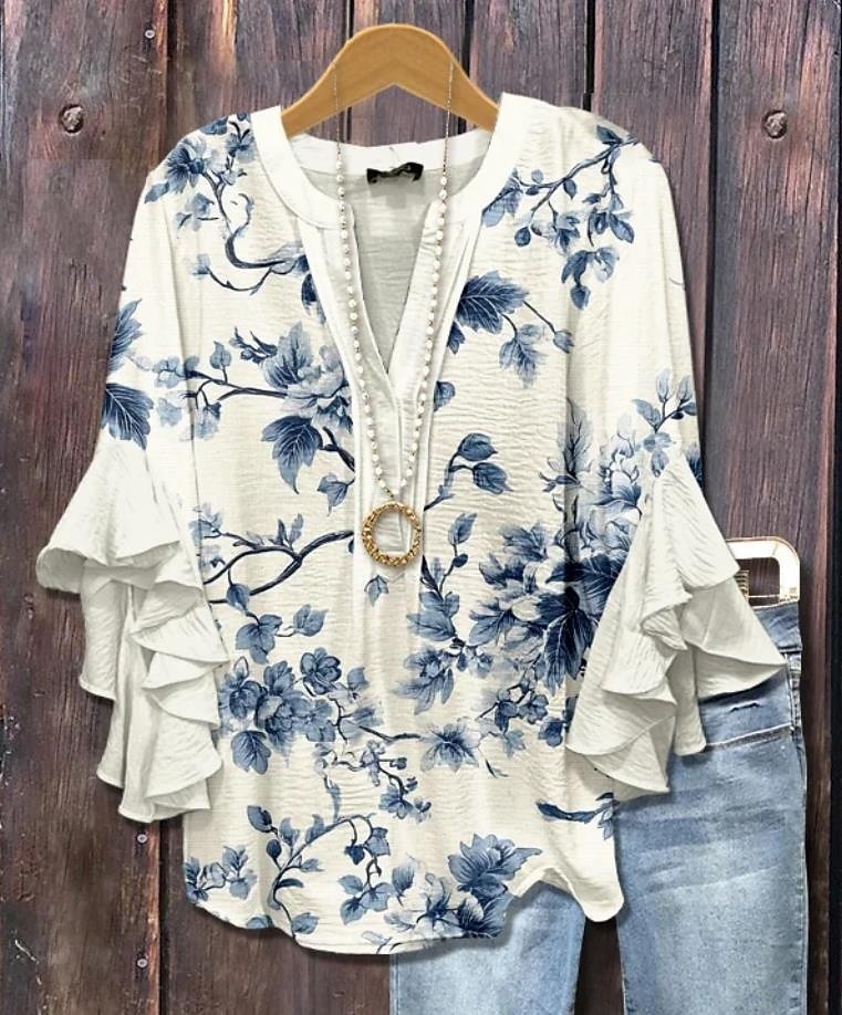 Femmes Chemisier Fleuri Graphique Élégant Bohème Ethnique Manche 3/4 Col en V Hauts Réguliers Quotidien Fête Vêtements de vacances A Volants Imprimé Blanche Bleu Violet Marron Vert Été Printemps de 2025 ? $29.99 –P4