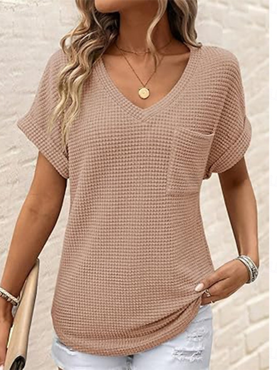 Dame Bluse Helfarge Stilfull Fritid Kortermet V-hals Vanlige topper Daglig Lomme Svart Hvit Rosa Grønn Sommer 2025 - $21.99 –P4
