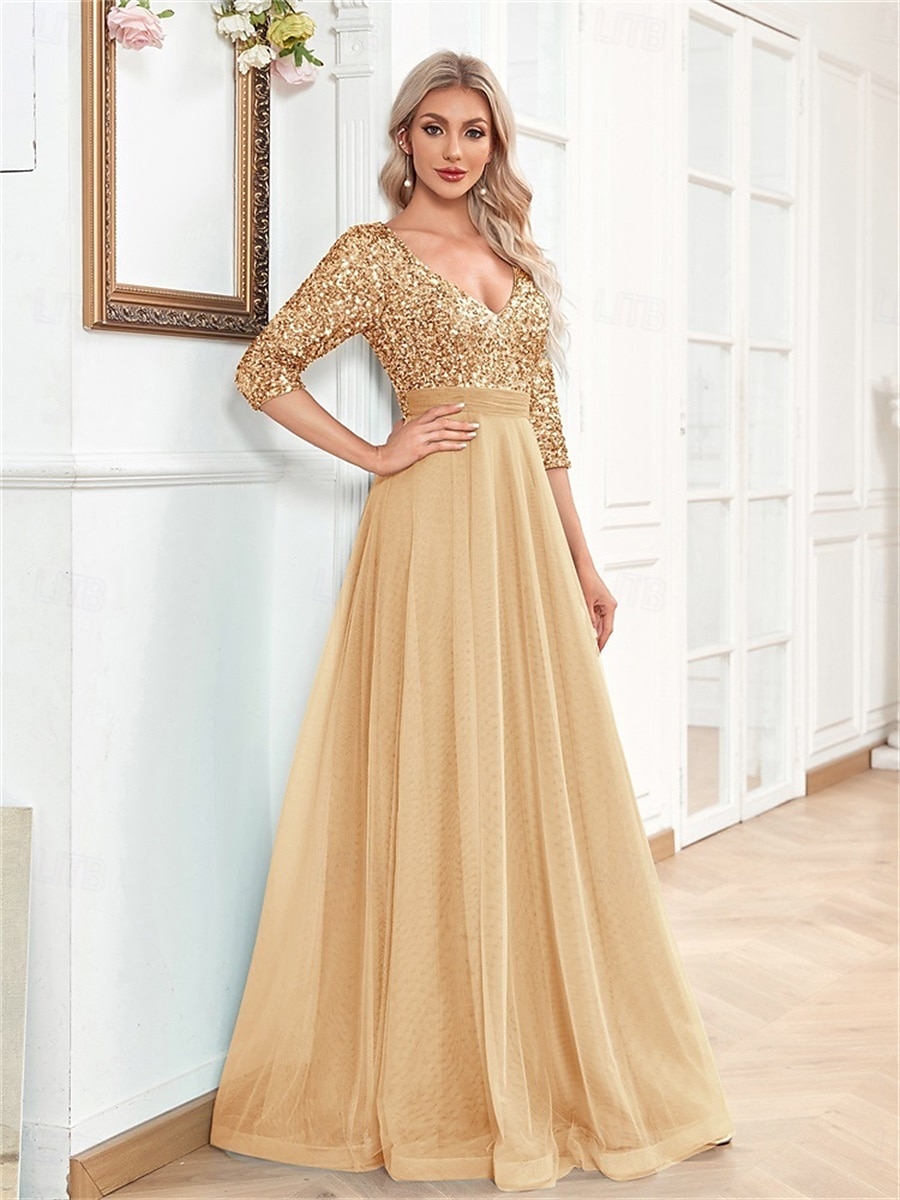 A-linjainen Quinceanera-Mekot Elegantti Mekko Virallinen Häät Lattiapituus Puolihihainen V-kaula-aukko Tylli Strassilla 2025 - $99.99 –P18