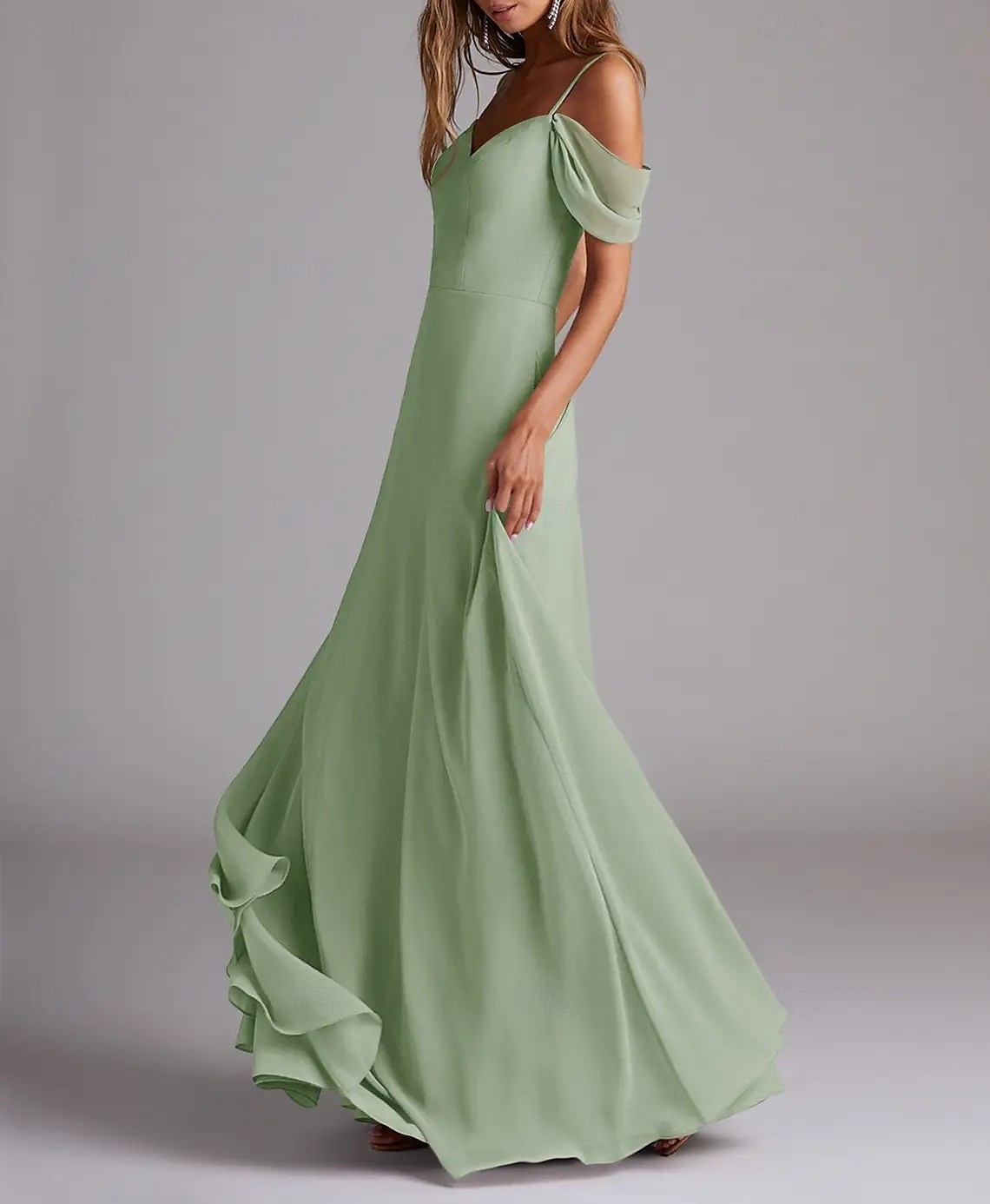 Vestido de Madrinha A-Line Alça Fina Manga Curta Elegante Comprimento Total Chiffon com Cor Sólida 2025 de 2025 por $138.99 –P2