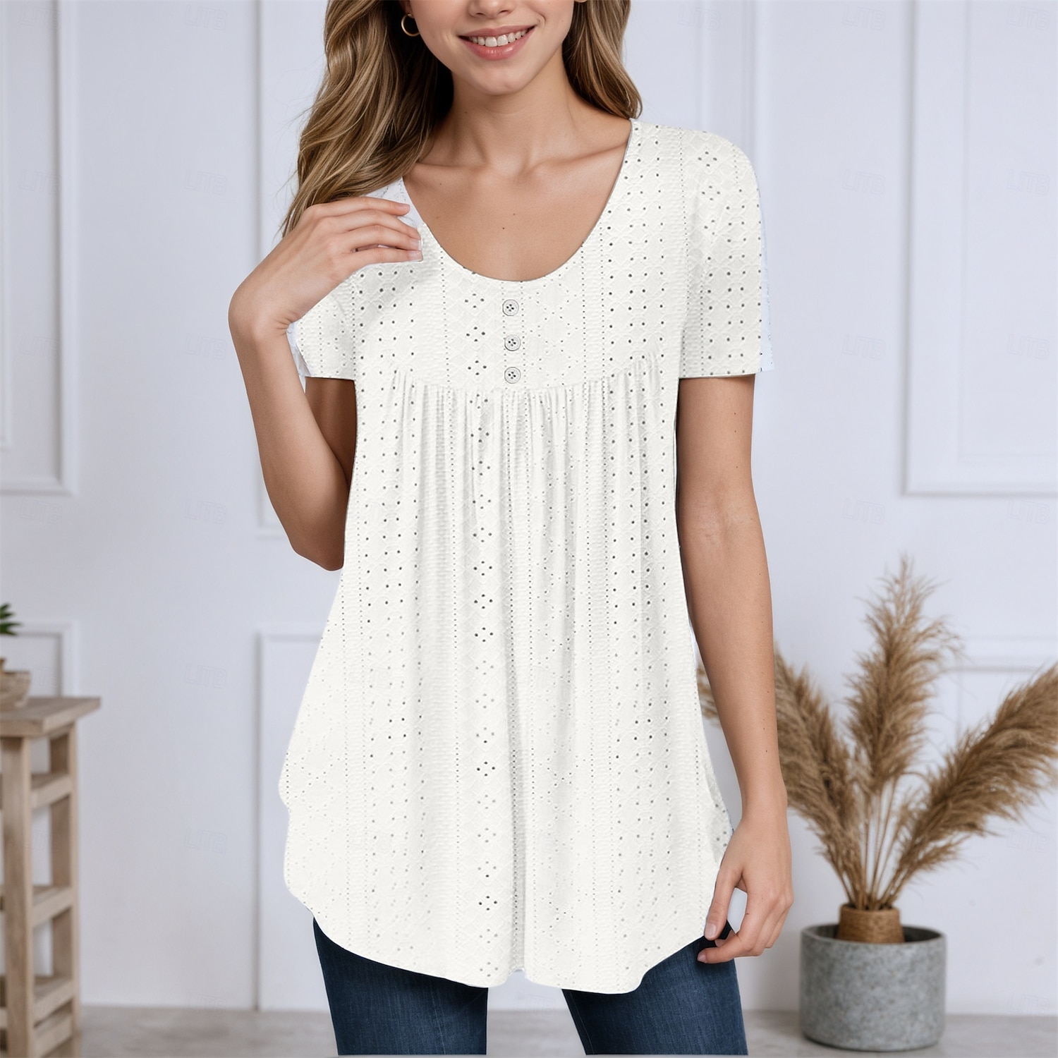 Women's Texture Blouse Eyelet Top Pointelle Tee Tunic Eyelet Buttons Asymmetrical Plain Stylish Casual Short Sleeve Crew Neck Long Tops Casual Daily Beach White Pink Purple Green Light Blue Summer 2026 - $25.99 –P1