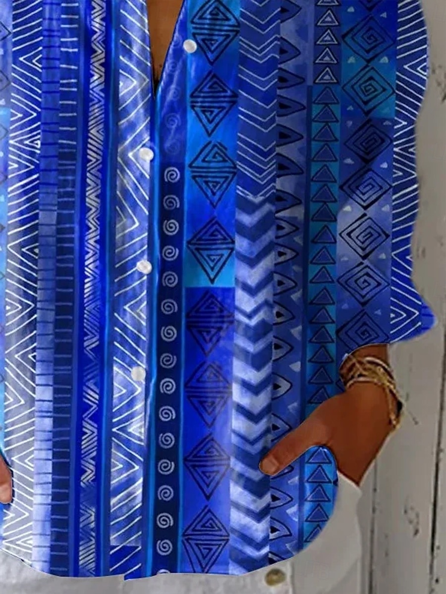 Camicia da donna in lino simile traspirante leggera camicia tunica con bottoni colletto a maniche lunghe grafico geometrico paisley vintage tropicale quotidiano scollo a V lavoro stampa blu reale del 2026 a $36.99 –P3