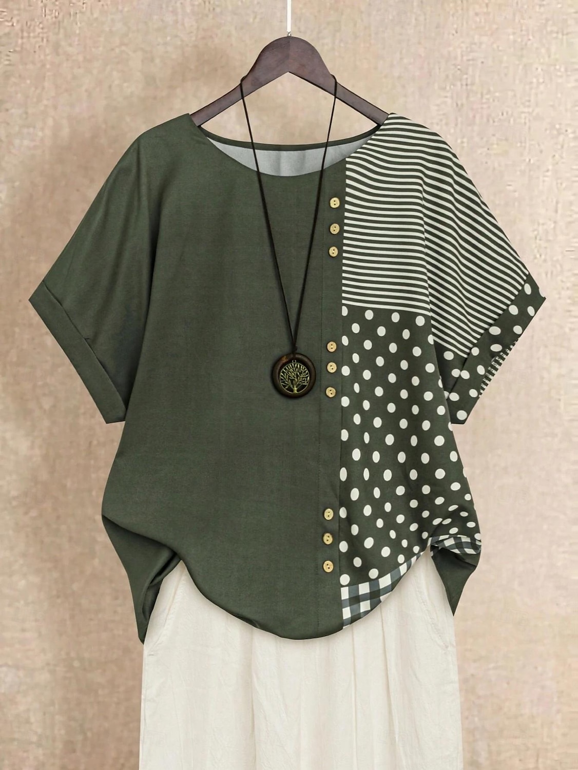 Dame Bluse Grafisk Polkadotter Stripet Grunnleggende Kortermet Crew-hals Vanlige topper Ferie Knapper Trykt mønster Svart Navyblå Grønn Sommer Vår 2025 - $26.99 –P5