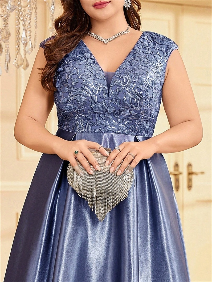 Robe A-Line Grande Taille Élégante Robe Courbe De Mariage Formelle Longue Au Sol Manches Courtes Col en V Satin Dos Nu Avec Plis 2025 de 2025 ? $119.99 –P29