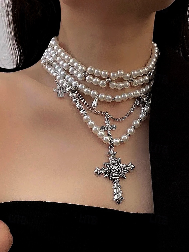 Collana multistrato con perle, rose e crocifisso gotico da donna - collana multifilo vintage per feste di Halloween e occasioni vintage del 2025 a $11.99 –P2