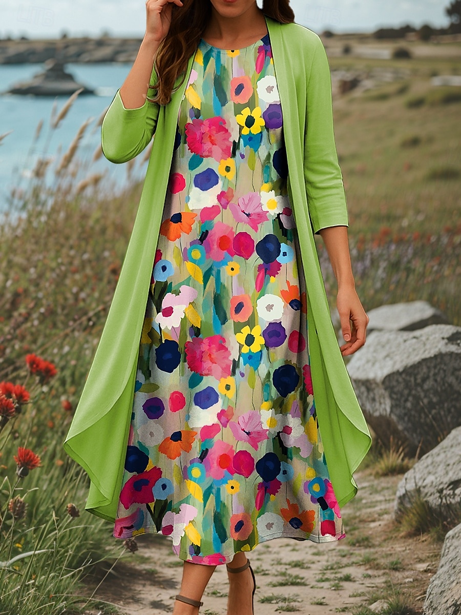 Dame Kjolesett Skiftkjole Sommerkjole Fritid Nyanse Blomstret Multi Layer Trykt mønster Midikjole 3/4 ermer Crew-hals Daglig Blå Lilla Grønn Sommer Vår Normal 2025 - $36.99 –P1