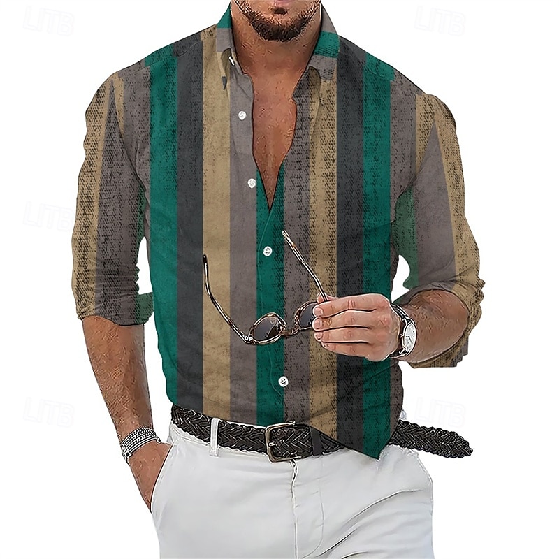 Per uomo Camicia Camicia Estiva Camicia casual Camicia da Spiaggia Camicia con Bottoni Verde chiaro Rosa Rosso Viola Verde Manica Lunga A righe Bavero Vacanza Camicia hawaiana Abbigliamento Poliestere del 2025 a $23.99 –P5