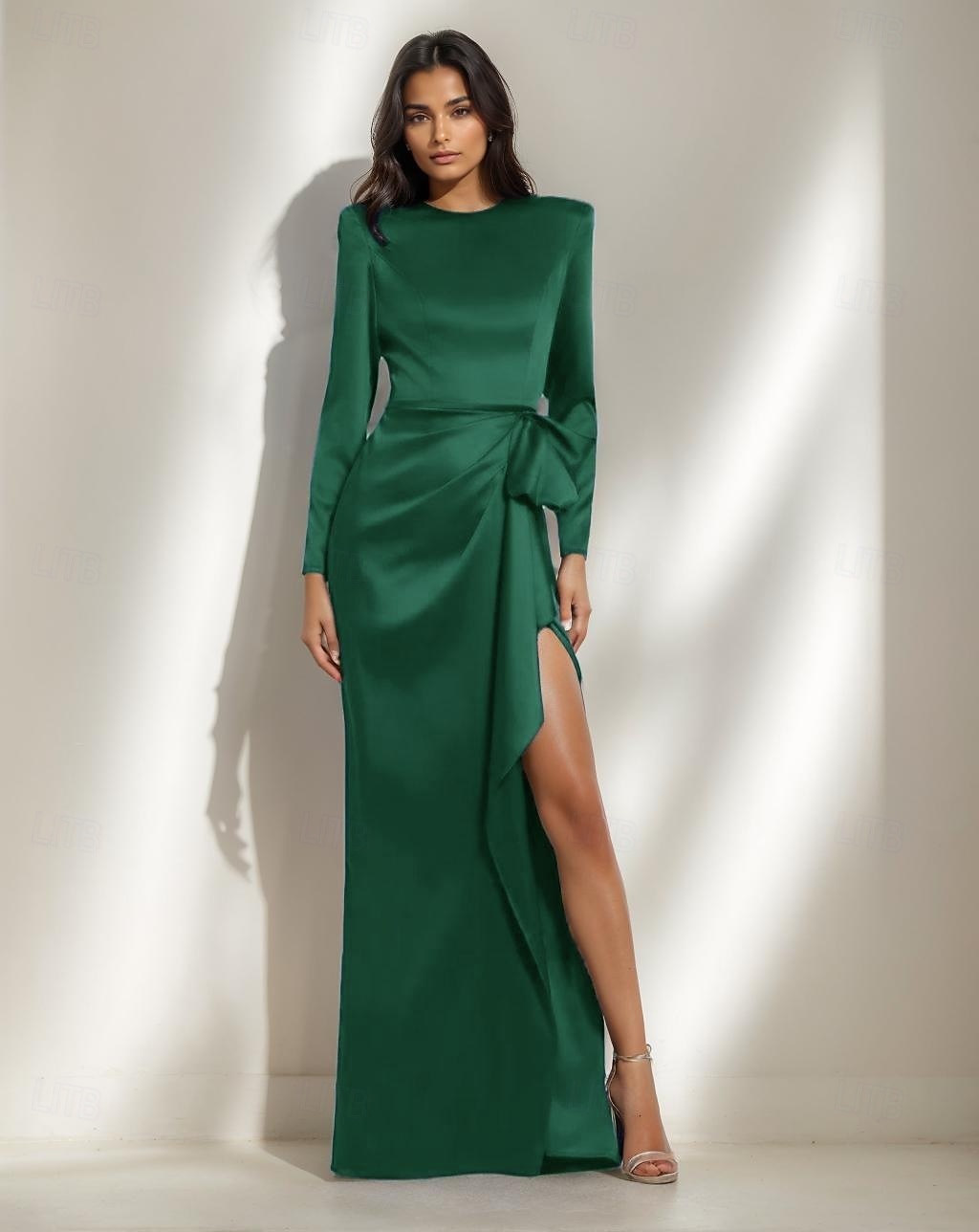 Vestido de Noite Black Tie Sereia  Trompete Vestido Elegante Formal Casamento Comprimento de Piso Manga Longa Vestido de Cetim Decote Redondo com Laço(s) Fenda com Pregas de 2025 por $144.99 –P8