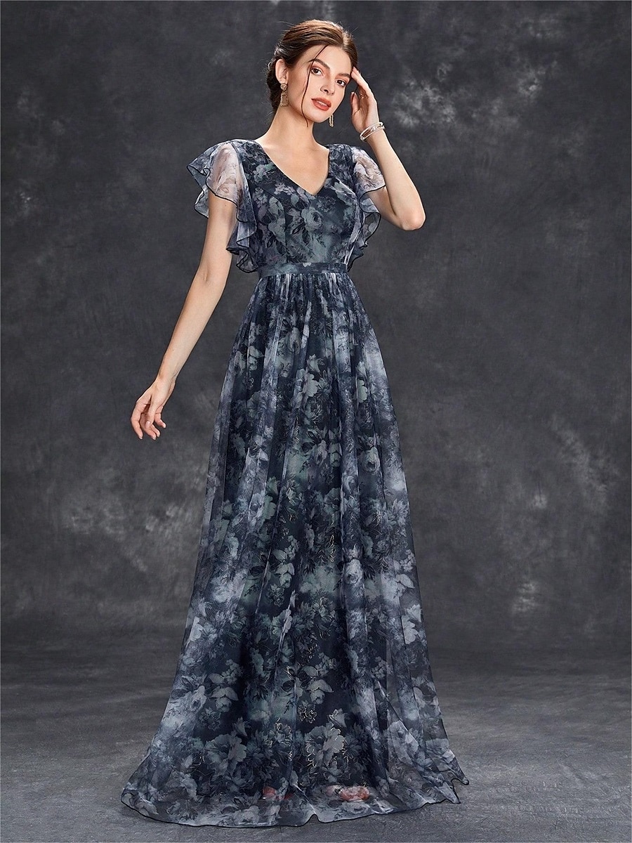 Abiti Quinceanera A-Line abito elegante formale lungo senza maniche scollatura a V in chiffon con stampa floreale del 2025 a $79.99 –P20