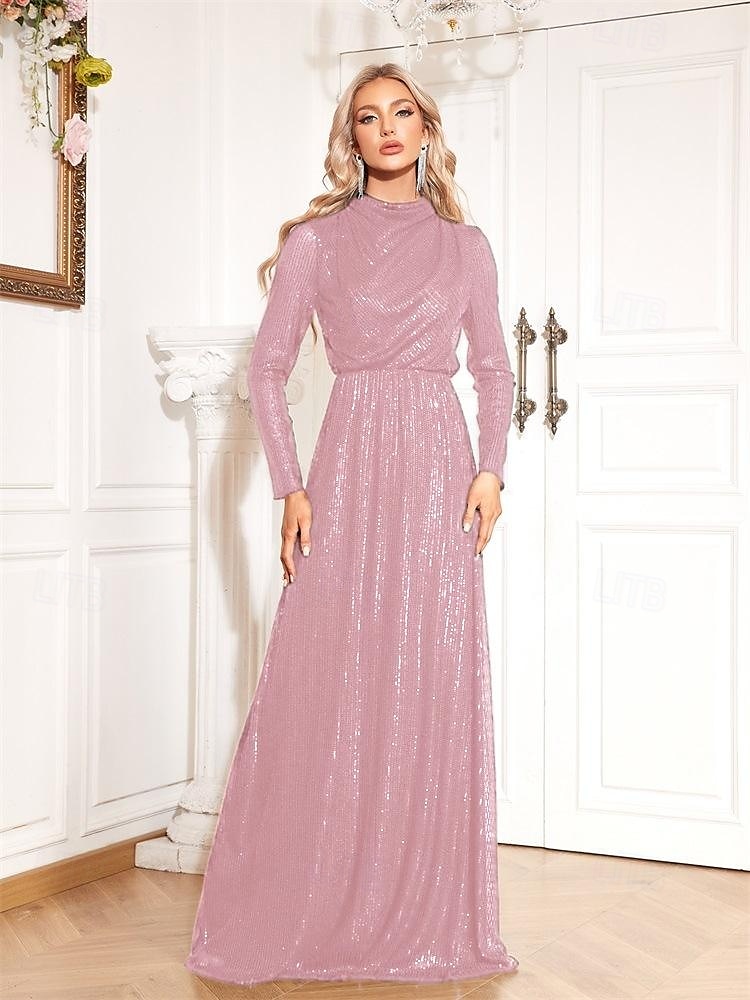 A-Linie Stretch Pailletten Meerjungfrau / Trompete Abendkleid elegantes Kleid formelle Hochzeit bodenlang Langarm Stehkragen Rollkragen mit Drapierung 2025 2025 - $139.99 –P5