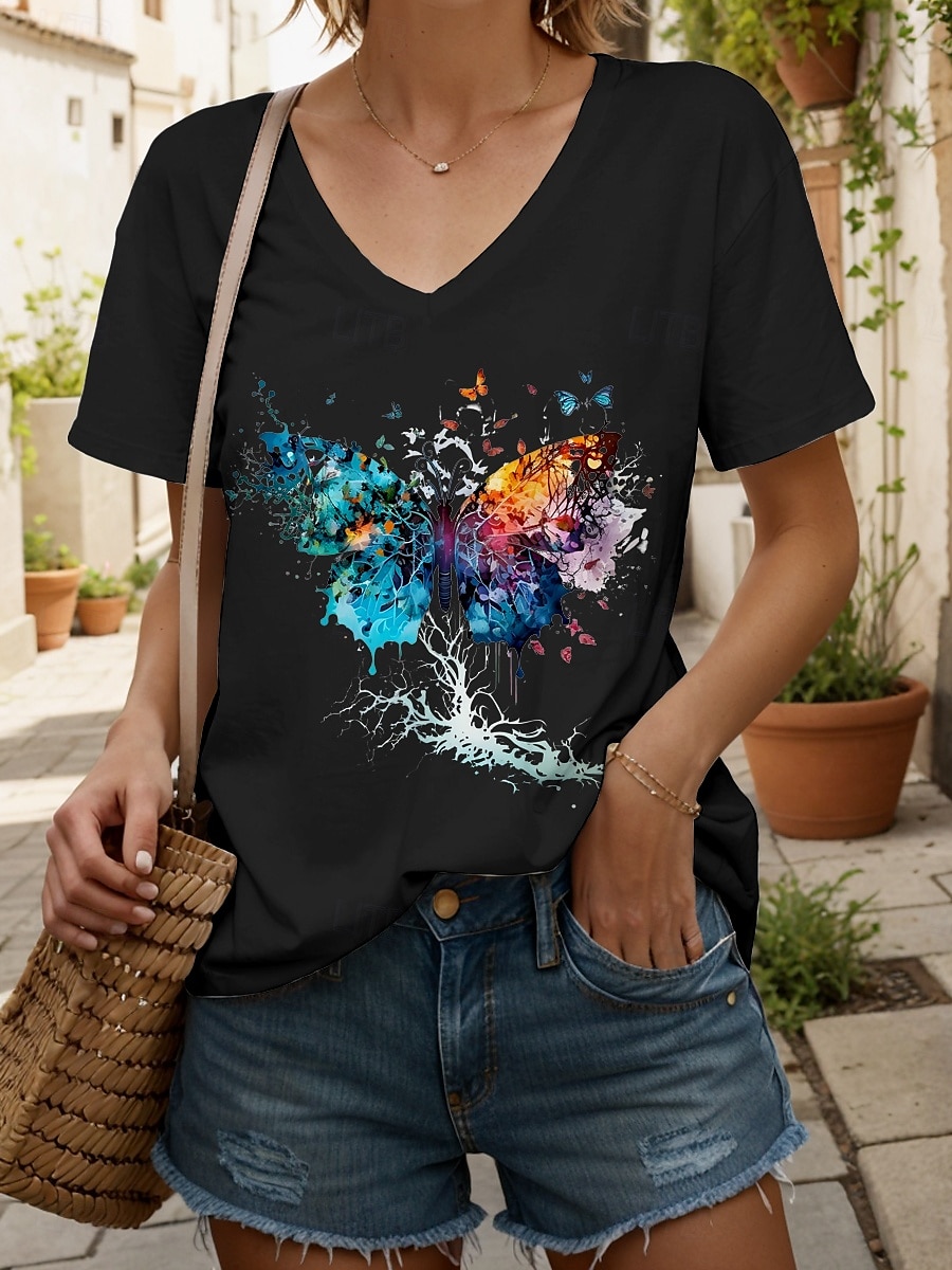Pentru femei Tricou Grafic Animal Fluture Epocă Stilat Clasic Manșon scurt În V Topuri obișnuite Zilnic Ieșire Sfârșit de săptămână Imprimeu Negru Alb Galben Roz Îmbujorat Roșu-aprins Vară Primăvară 2025 - $19.99 –P6