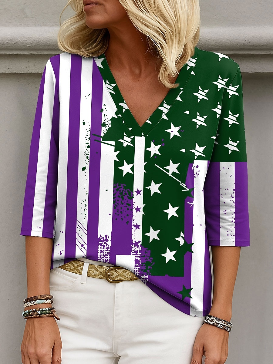 חולצת נשים פטריוטית עם גרפיקה של דגל אלגנטית אופנתית קז'ואלית עם שרוול באורך 3/4 וצווארון V רגיל בגוון כחול כהה קיץ 2026 - $27.99 –P4