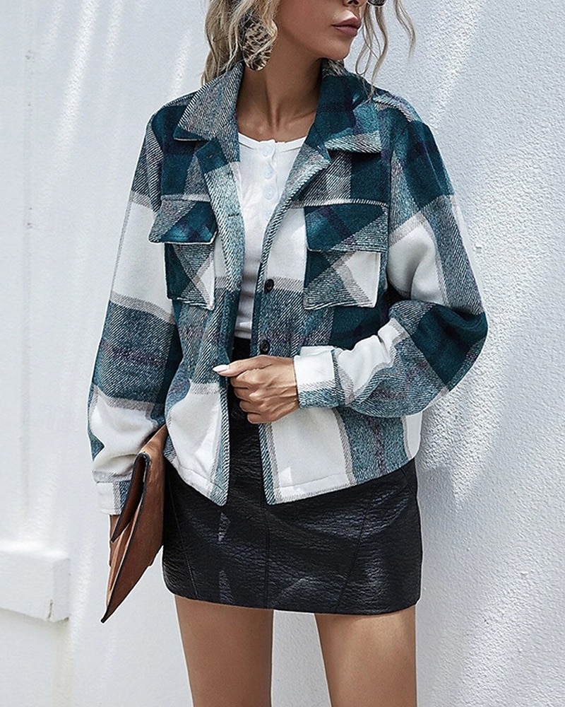 Damen Hemdjacke Freizeitjacke Bequem Tasche Knöpfe Mode Outdoor Karomuster Ausgehen Wochenende Reisverschluss Regulär Revers Normale Passform Langarm Oberbekleidung Grün Grau Herbst Winter 2025 - $28.99 –P8