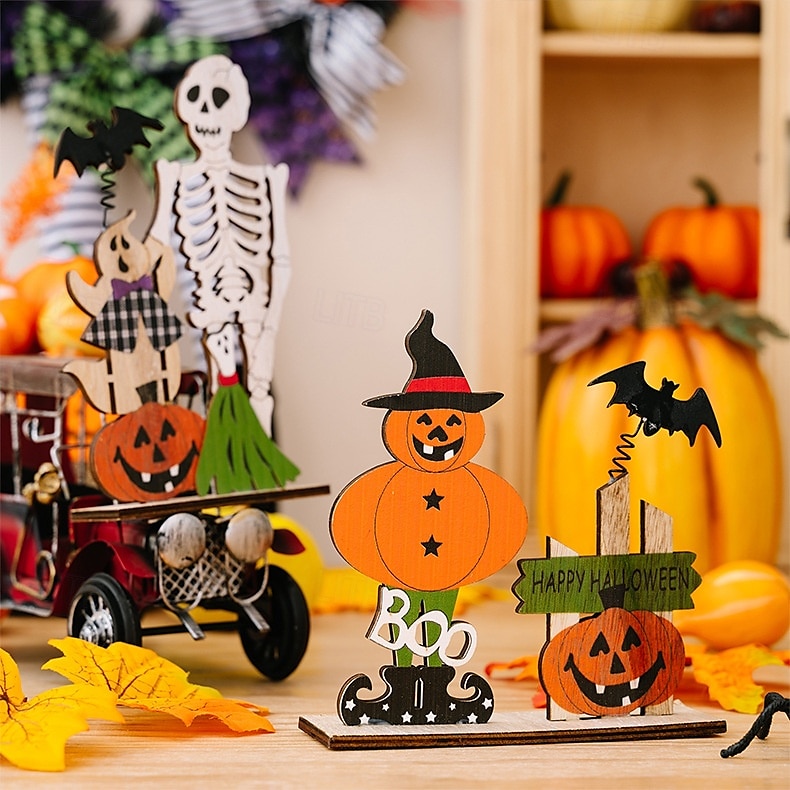 2 stk. halloween-skjelett i tre som borddekorasjon, fjærende hodeskalle med gresskar og flaggermus, skummel bordpynt til halloween-festdekorasjon 2025 - $9.99 –P4