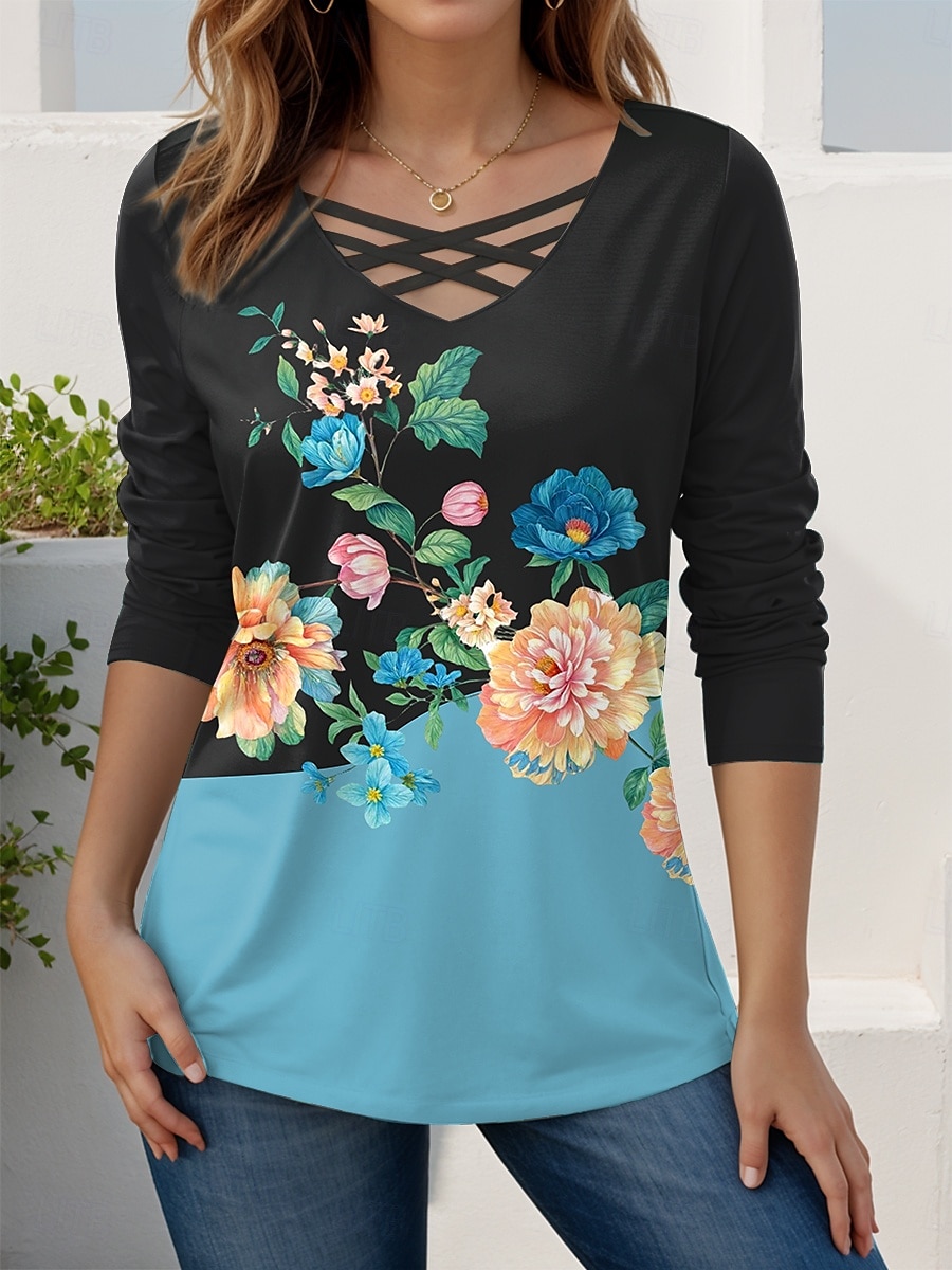 Femmes T-shirt Fleuri Graphique ancien Élégant Moderne manche longue Col en V Hauts Réguliers Quotidien Découpé Imprimé Rouge Bleu Bleu Ciel Violet Printemps Automne de 2025 ? $23.99 –P4