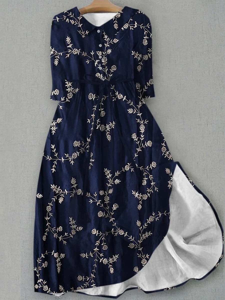 Dames Halflange jurk Hemdjurk Vakantie Casual Boho Dagelijks Feestdagen Teaparty Normale pasvorm Bloemig Grafisch Halve mouw Revers Lichtgeel Groen Donkerblauw Beige Zomer Lente 2025 - $37.99 –P2