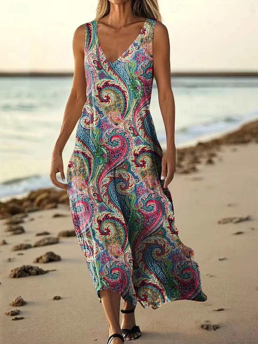 Women's Long Dress Maxi Dress Casual Dress Tank Dress Summer Dress African Daily Holiday Beach Regular Fit Floral Sleeveless V Neck Wine Burgundy Navy Blue Blue Summer 2025 - $20.99 –P6