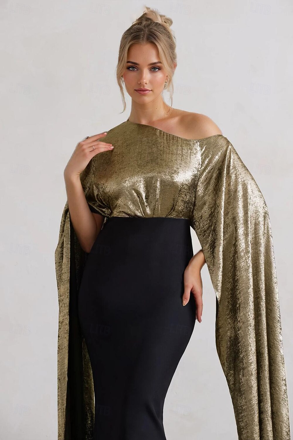 vestido de capa preto estilo sereia/trompete, elegante, formal, casamento, cauda longa/escova, um ombro só, tecido lurex, crepe elástico com detalhes franzidos 2025 de 2025 por $145.99 –P3