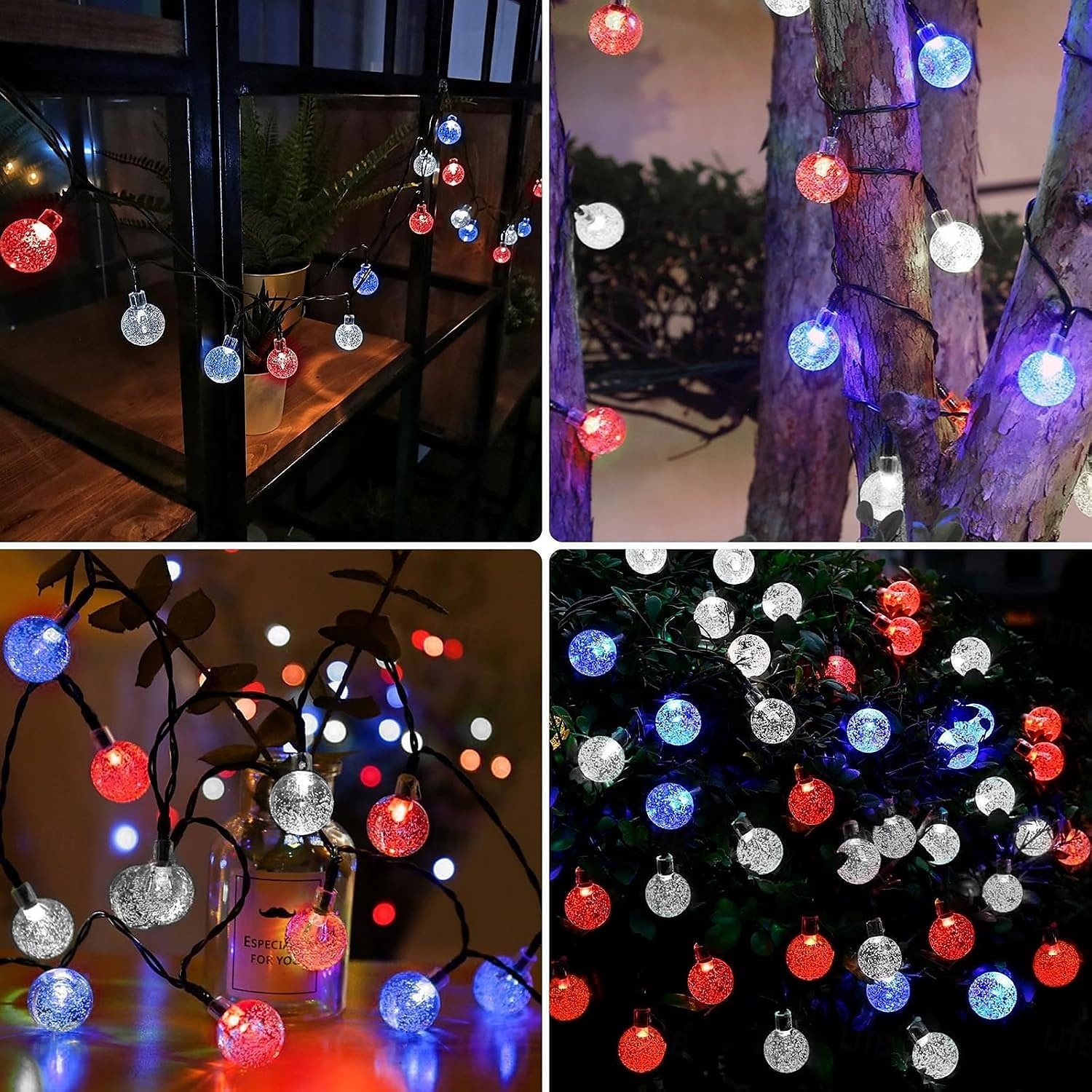 1 Stück 12 m - 100 LED-Perlen, solarbetriebene patriotische Lichterketten für den Außenbereich, wasserdicht, 4. Juli, Unabhängigkeitstag, rot-weiß-blaue Blasenkugel-Lichterkette, Hof, Gartenzaun, Balkon, Party, patriotische Atmosphäre 2025 - $23.99 –P7