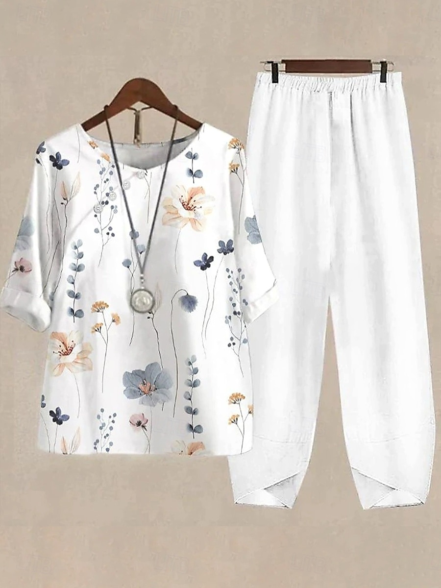 Femmes Basique Chemise Ensembles de Pantalons Demi Manches Col rond A Ombre Fleuri Graphique Imprimé Fête Décontracté Quotidien Week-end Blanche Jaune Bleu clair Été Coupe régulière de 2025 ? $44.99 –P2