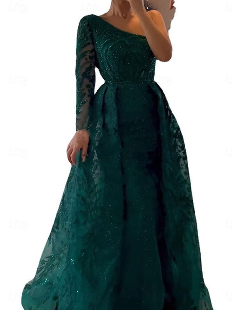 A-Linie Abendkleid Elegant Kleid Formell Hochzeit Bodenlang Langarm Ein-Schulter Spitze mit Paillette 2025 2025 - $139.99 –P7