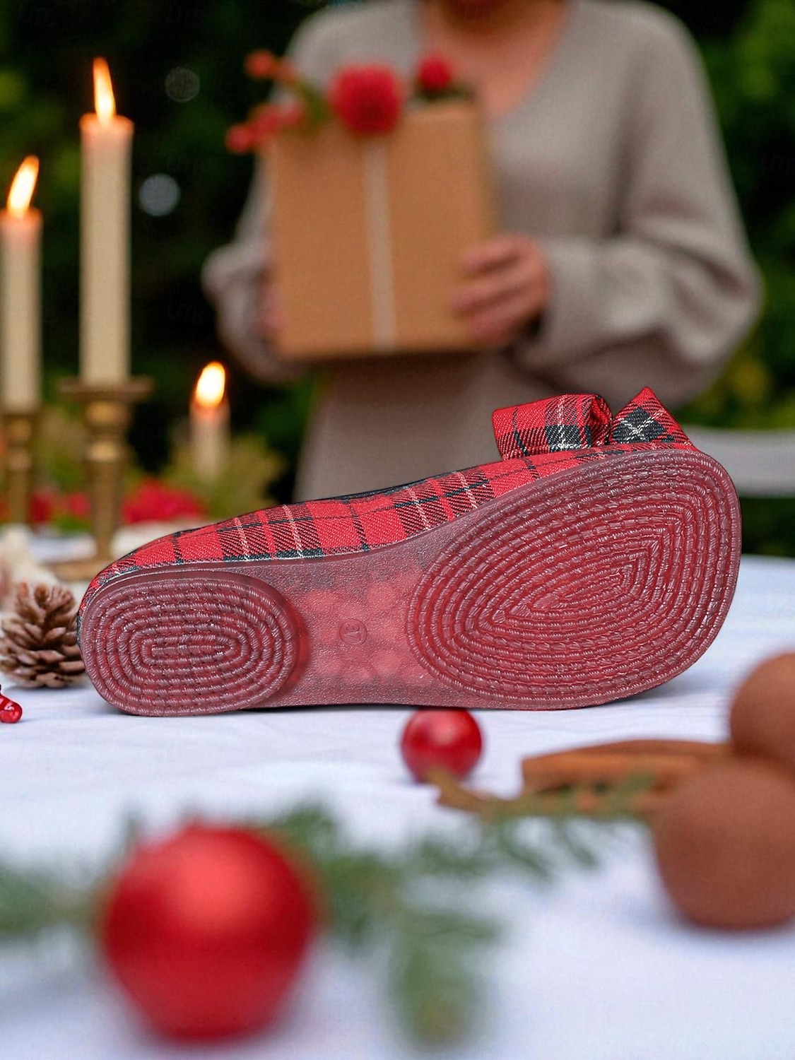 Ballerinas mit roter Schottenkaro-Schleife für Damen – Festtags-Ballerinas für Weihnachtsfeiern, Teepartys im Garten und gemütliche Abende 2025 - $19.99 –P2