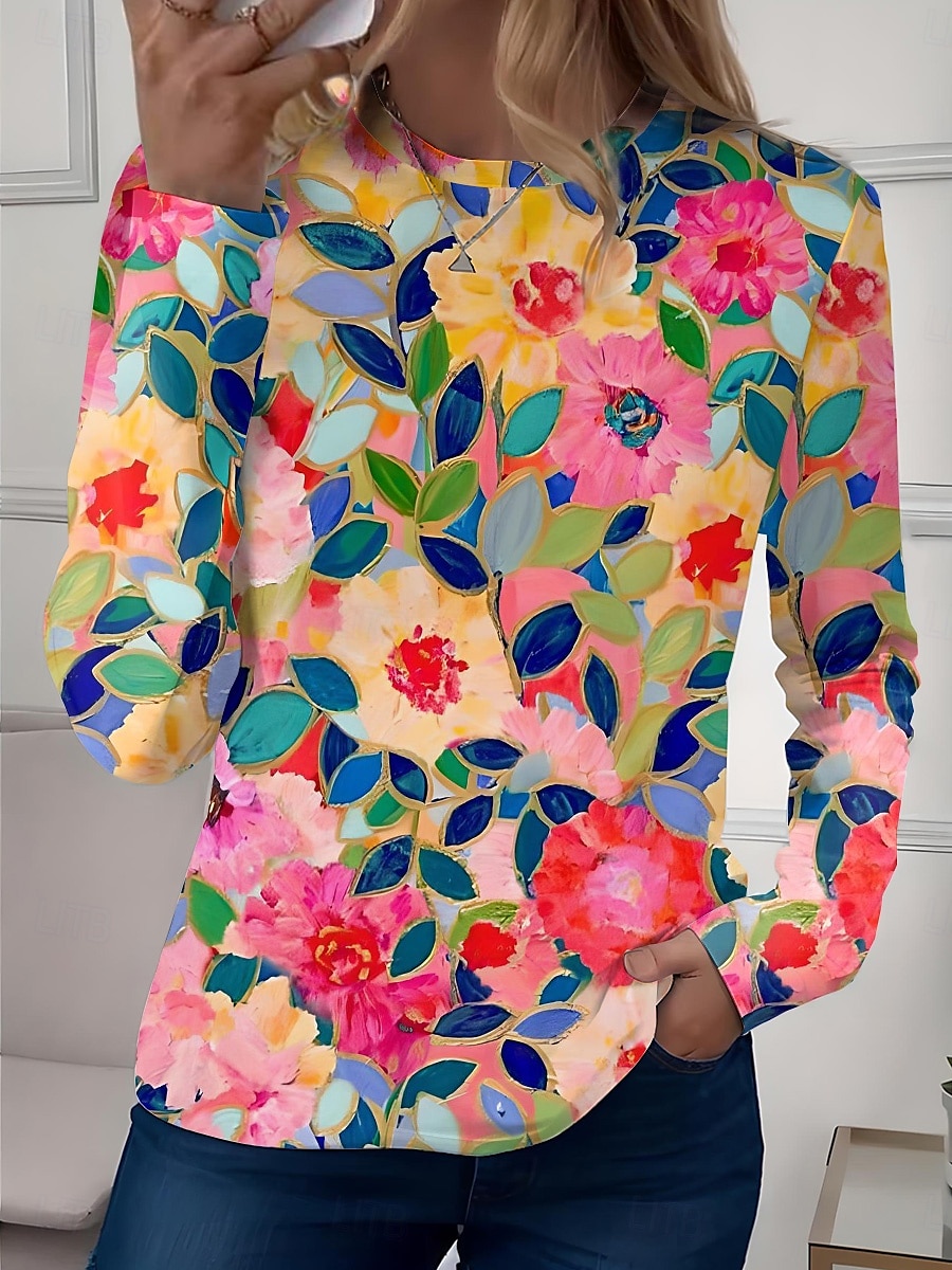 Mujer Camiseta Floral Casual Manga Larga Cuello Barco Tops regulares Diario Estampado Verde salvia Rosa Azul Piscina Azul cielo Morado Primavera Otoño 2025 - $23.99 –P9
