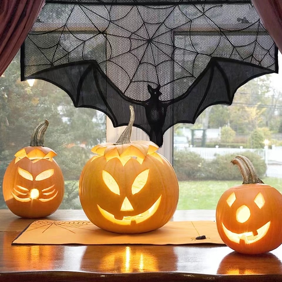 Cenefa de encaje de Halloween para cortina corta, adorno para ventana de cocina, color negro, decoración espeluznante, tela semitransparente para cortina, bolsillo para varilla de poliéster 2025 - $4.99 –P9