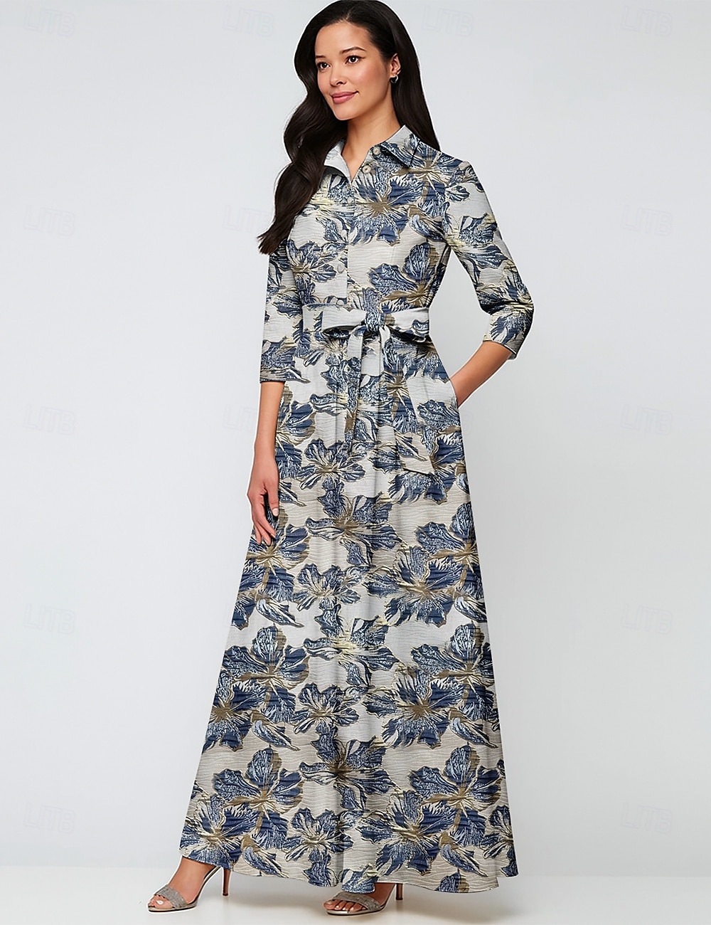 Robe du soir A-Linie en jacquard en brocart élégante robe formelle mariage longueur de sol à manches longues col chemise en nylon avec nœud(s) et poche de 2025 ? $147.99 –P4