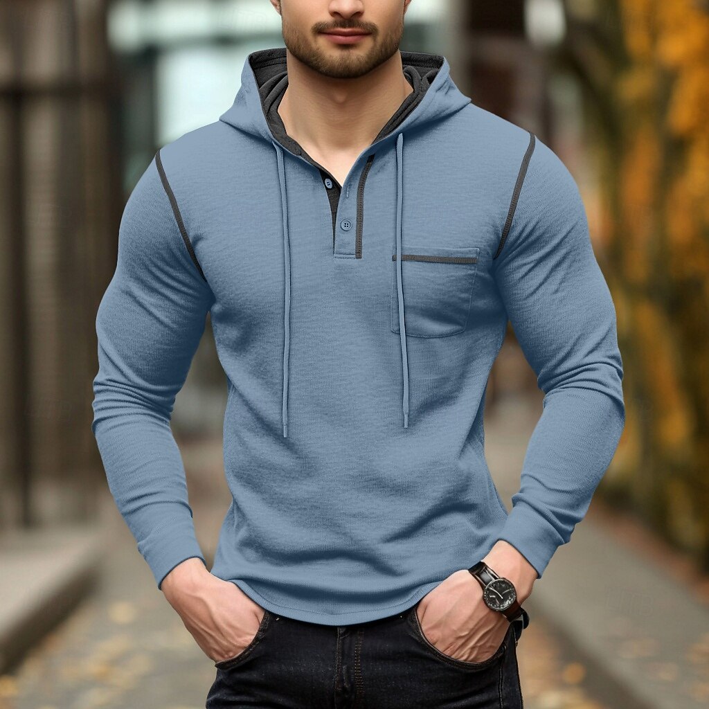 Per uomo Maglietta Felpa con cappuccio Henley Manica Lunga Con Cappuccio Henley Primavera & Autunno Tinta unica Maglieria Quotidiano All'aperto Tasca All'aperto Casual Casuale Grigio scuro blu navy del 2025 a $22.99 –P3