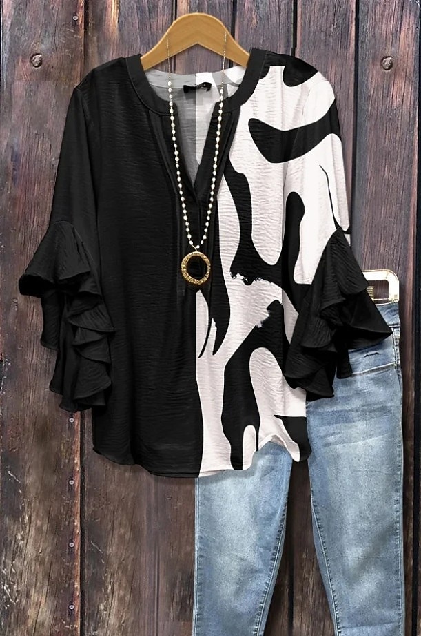 Per donna Blusa Floreale Grafico Geometrico Bohemien Vintage Quotidiano Manica 3/4 Manica a Volant Scollo a V Top Regolari Quotidiano Ferie Abbigliamento da vacanza Volant Stampato Nero Rosa Blu del 2025 a $29.99 –P1