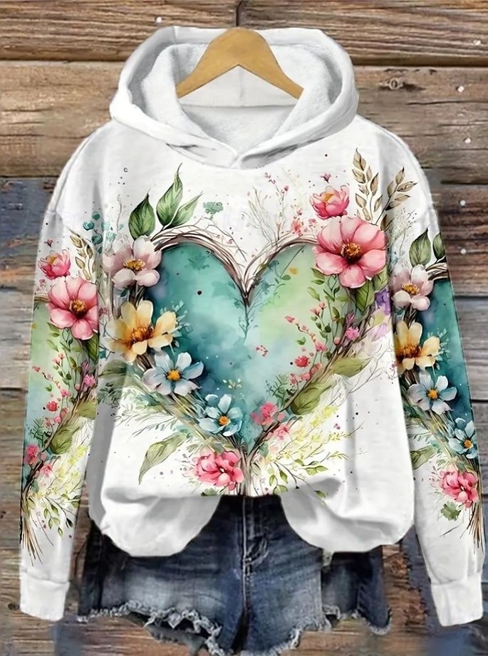 Women's Pullover Hoodie Sweatshirt Floral Graphic Elegant Warm Active Long Sleeve Hooded Regular Tops Street Dailywear Casual Print White Pink Purple Green Khaki Spring Fall Winter 2025 - $24.99 –P1