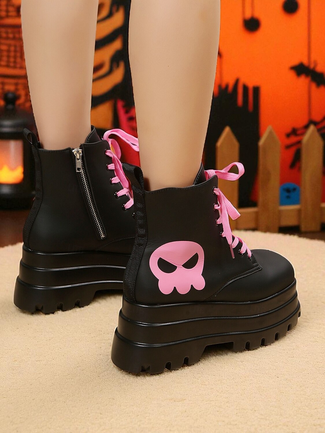 Botas de combate femininas góticas plataforma - botas pretas grossas de amarrar no tornozelo com caveira rosa para cosplay, Halloween e streetwear punk de 2025 por $46.99 –P3