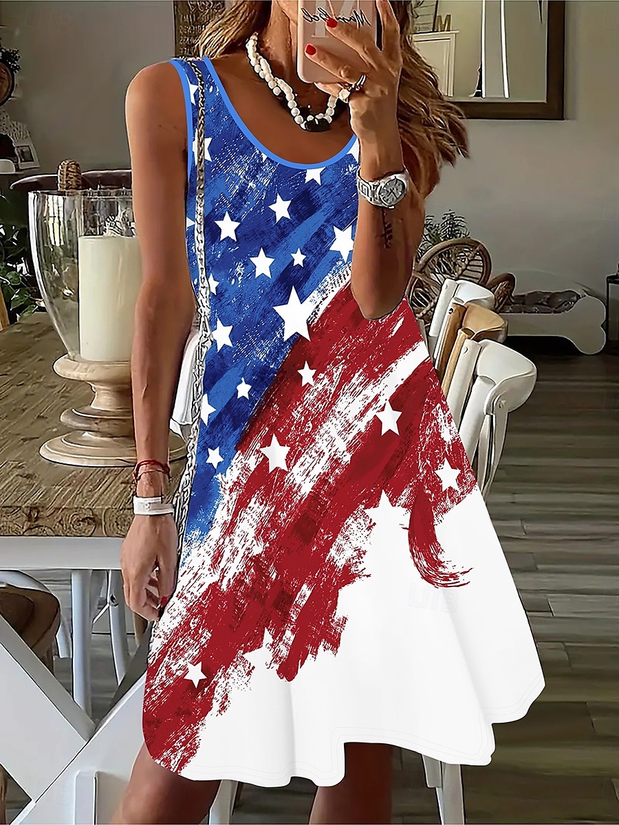 Frauen Patriotic Mini Kleid A-Linien Kleid Sommer Kleid Off-Shoulder Kleid Urlaub Lässig Täglich Reguläre Passform Grafik Flagge Ärmellos U-Ausschnitt Rot Sommer 2025 - $21.99 –P4