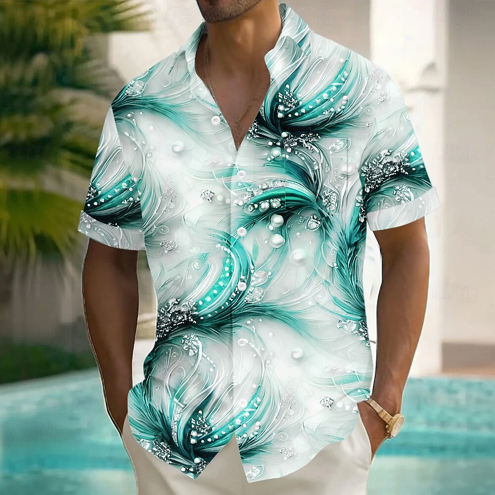 Men's Geometric Waves Pearl Shirt Summer Shirt Button Up Shirt Short Sleeve Fashion Casual Vacation Holiday Streetwear Summer Turndown 3D Print Front One Pocket Linen Like Shirt Blue Green Khaki 2025 - $23.99 –P3