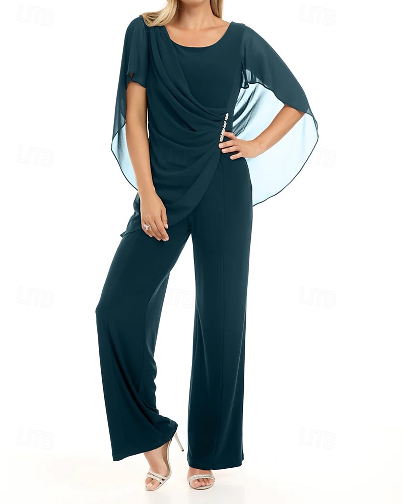 Mono  Traje con Capa Vestido Madre de la Novia Elegante Simple Minimalista Escote Pico Longitud de Piso Chiffon Manga Corta con Botones de Cristal 2025 - $129.99 –P7