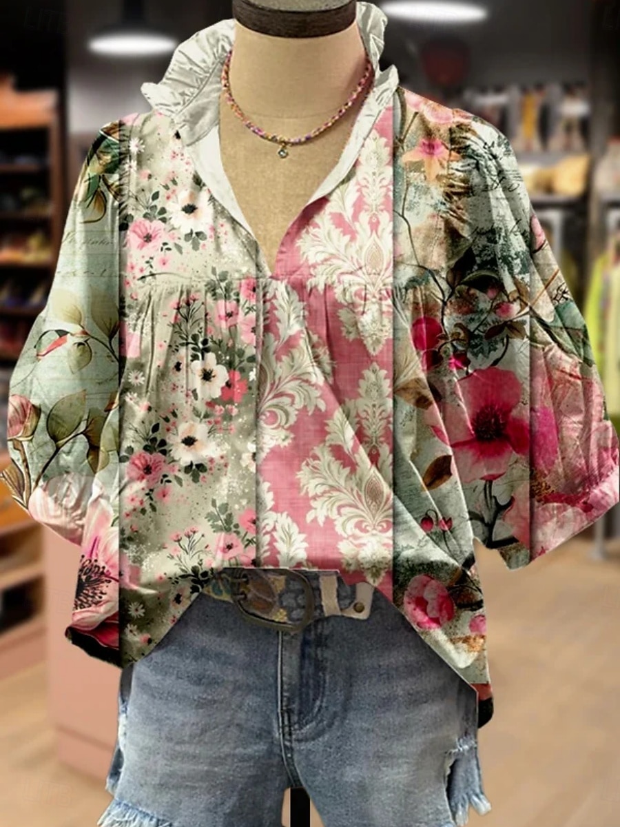 Dames Overhemd Bloemig Stijlvol Modern Boho Halve mouw V-hals Normale tops Dagelijks Feestdagen Afdrukken Blozend Roze Marineblauw blauw Groen Khaki Zomer 2025 - $22.99 –P4