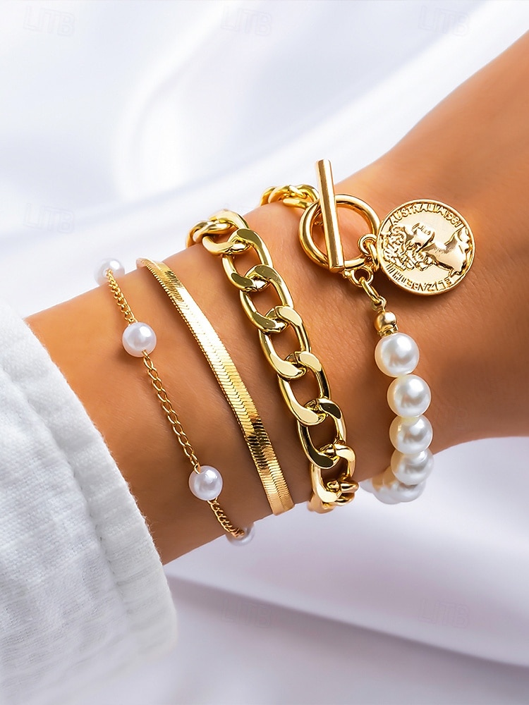 2026年 レディースゴールドチェーンとパールブレスレットセット、ファッショントグルクラスプジュエリー、女の子と女性のためのエレガントなレイヤードスタイル、パーティー、結婚式、オフィス、普段使いに最適  コレクション – $11.99 –P8