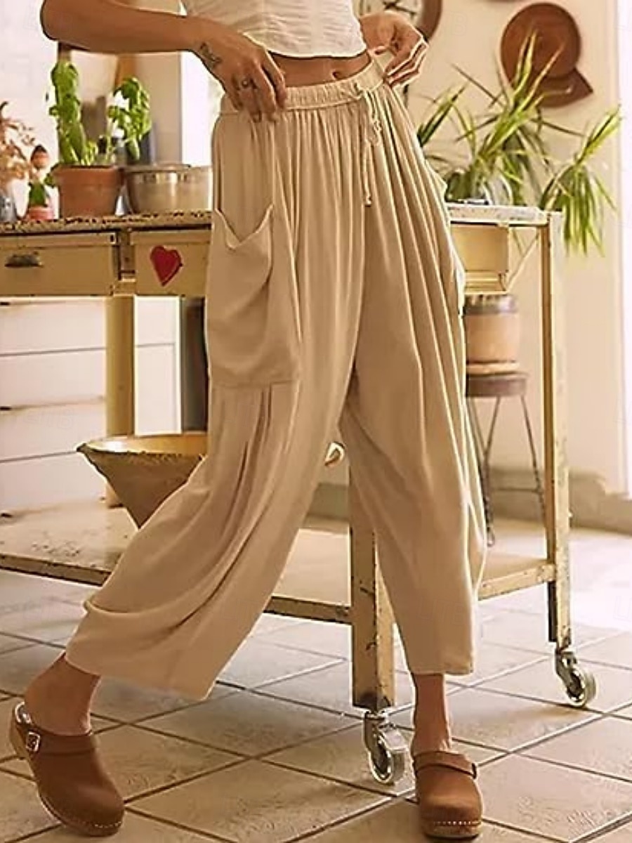Mulheres Calças de linho de algodão chinês Moda Básico Casual Comprimento total Cintura Alta Tecido Bolsos Com Cordão Conforto Exterior Micro-Elástica Férias Rua Diário Branco Amarelo fúcsia cáqui de 2025 por $25.99 –P6