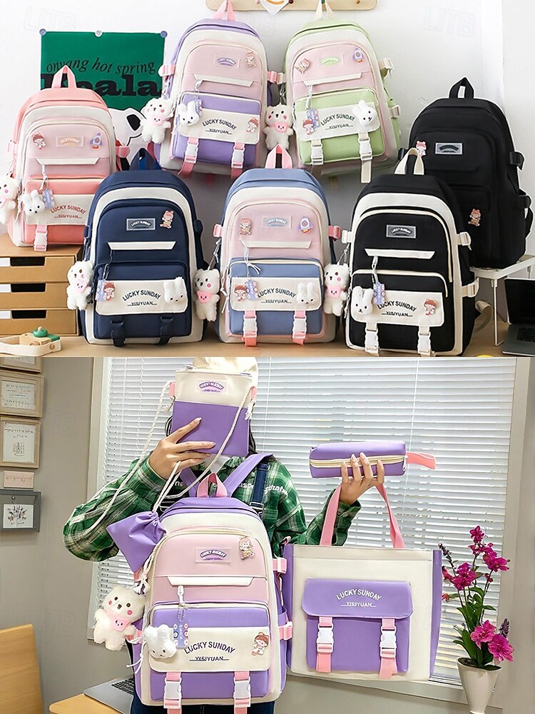 5-i-1 skolryggsäcksset med plyschberlocker, lätt nylon, kawaii-stil, för flickor och tonåringar, perfekt för skolan och dagligt bruk 2025 - $26.99 –P5